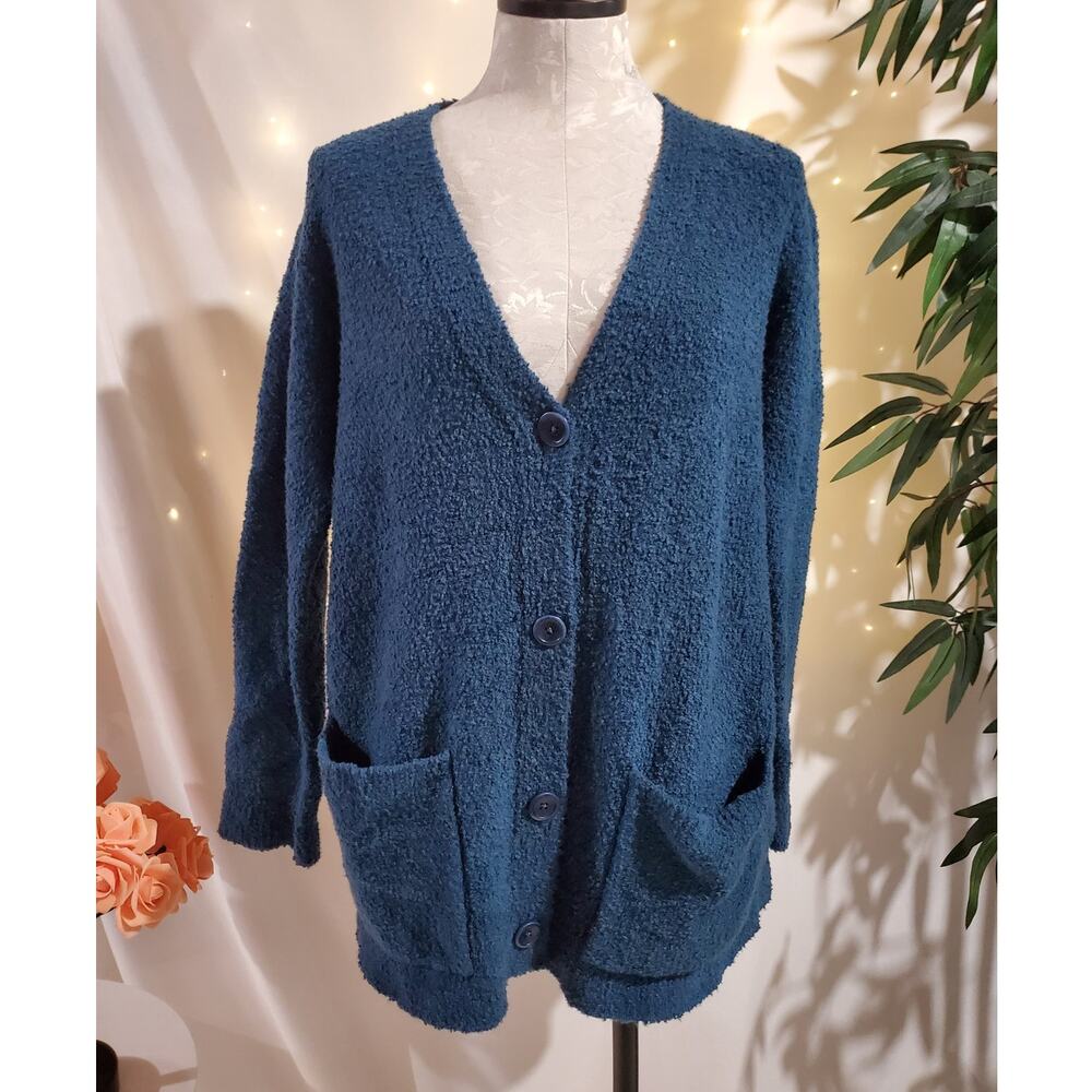 Eileen Fisher Organic Cotton Boucle Button Cardigan Womens Size XXS Blue Pockets